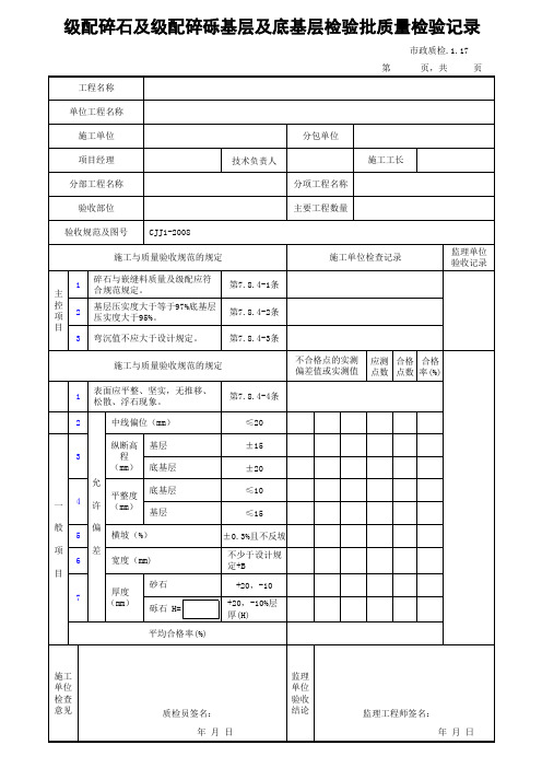 市政质检117级配碎石及级配碎砾基层及底基层检验批质量检验记录