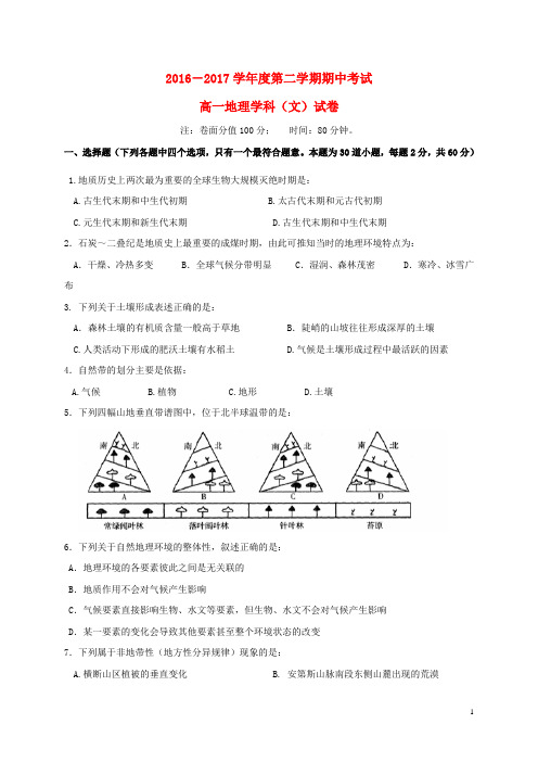 黑龙江省友谊县红兴隆管理局高一地理下学期期中试题 文