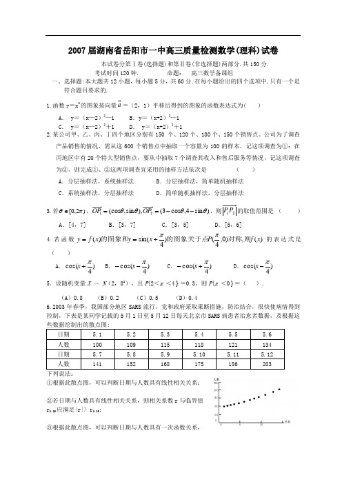 2007届湖南省岳阳市一中高三质量检测数学理科试卷