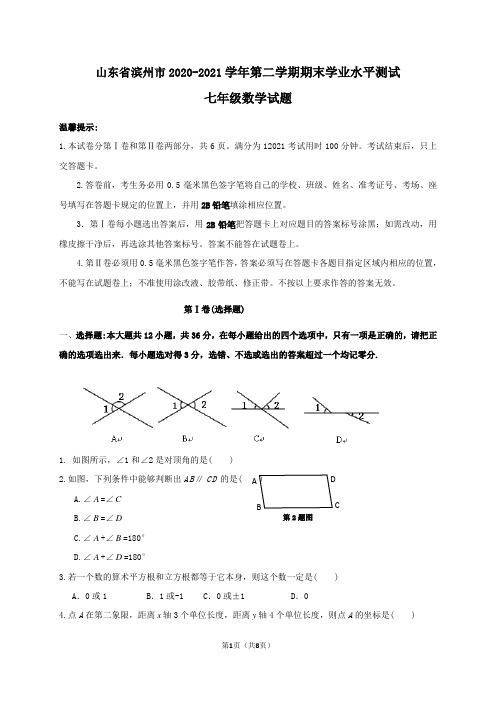 滨州市2020-2021学年人教版七年级下期末学业水平数学试题含答案