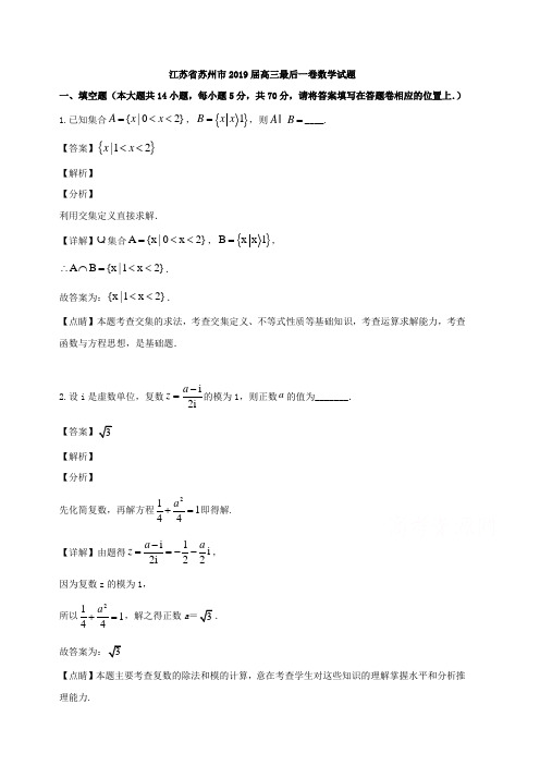 江苏省苏州市2019届高三高考模拟最后一卷数学试题 含解析