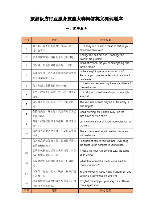 旅游饭店行业服务技能大赛问答英文测试题库