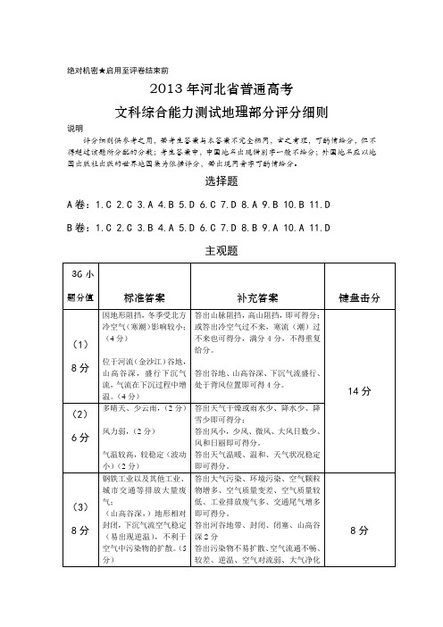 2013年河北省高考地理试题评分细则