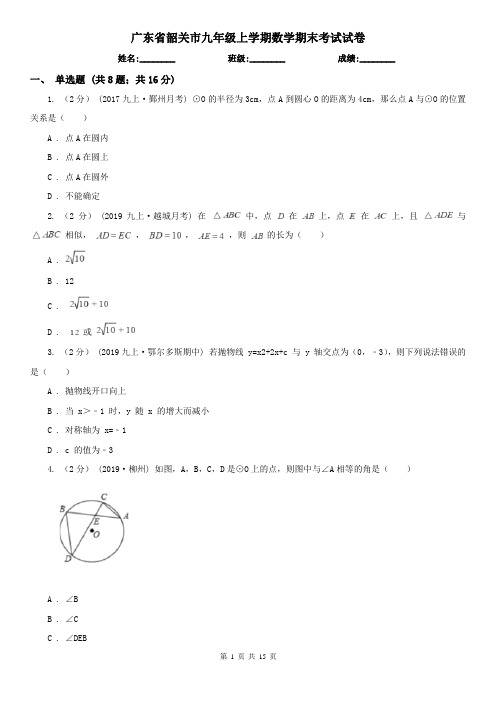 广东省韶关市九年级上学期数学期末考试试卷