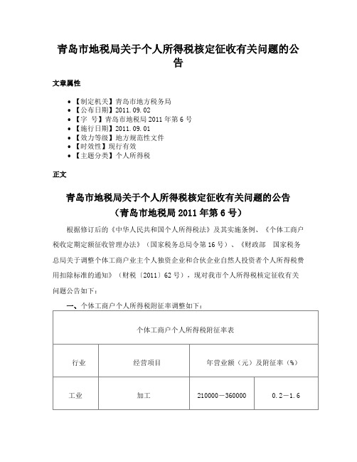 青岛市地税局关于个人所得税核定征收有关问题的公告