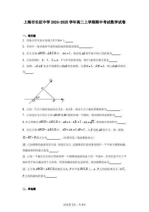 上海市长征中学2024-2025学年高二上学期期中考试数学试卷