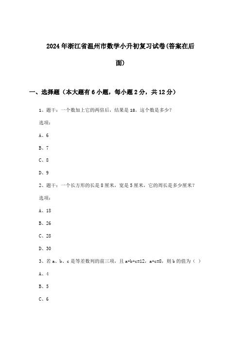 浙江省温州市数学小升初试卷及答案指导(2024年)