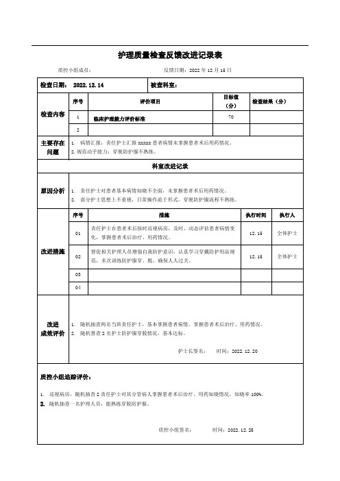 护理质量检查反馈改进记录表