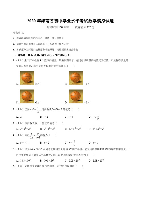 2020年海南省初中学业水平考试数学模拟试题