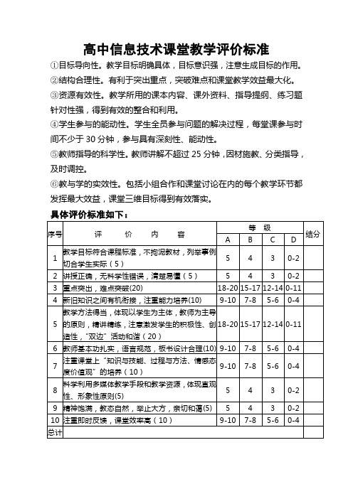 高中信息技术课堂教学评价标准