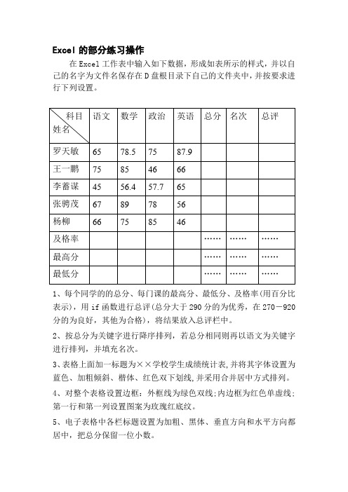 Excel的部分练习操作的综合练习