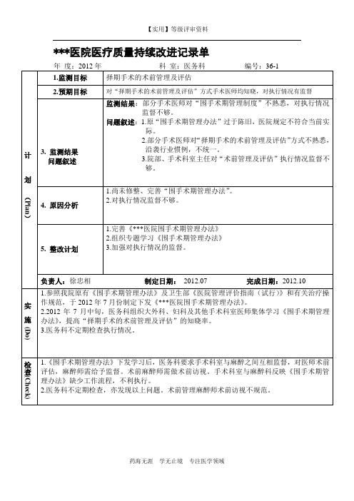 【实用】等级评审资料-医疗质量持续改进-术前管理PDCA