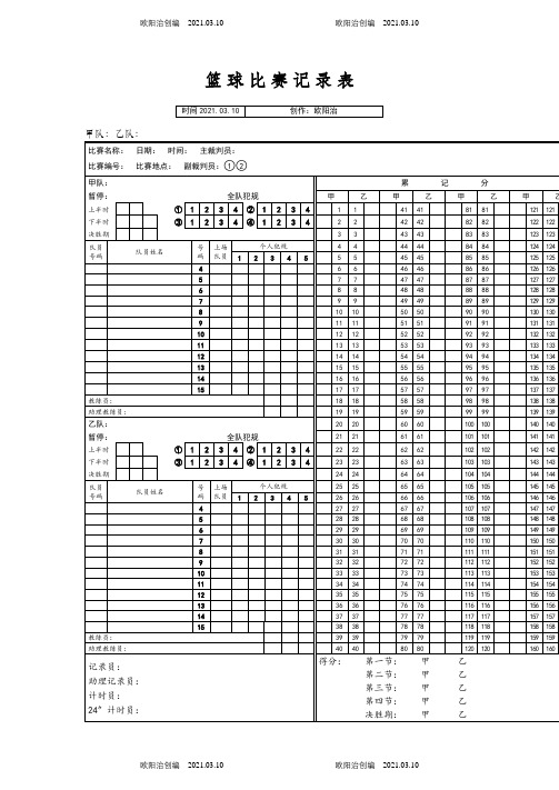 篮球比赛记录表模板之欧阳治创编