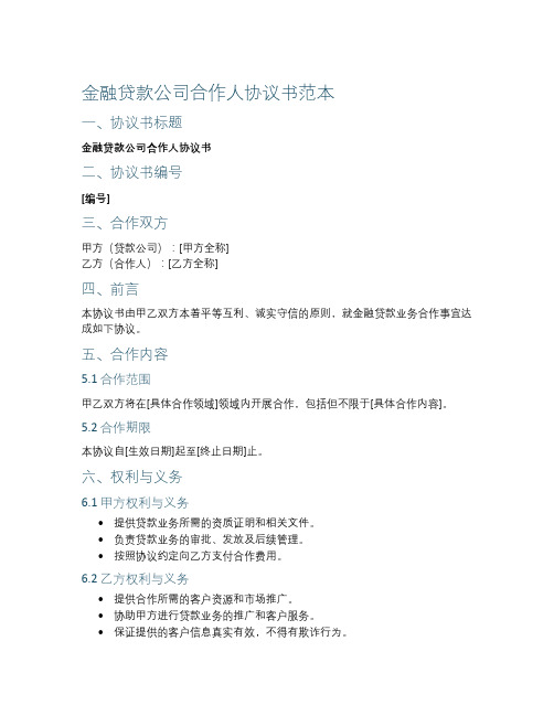 金融贷款公司合作人协议书范本