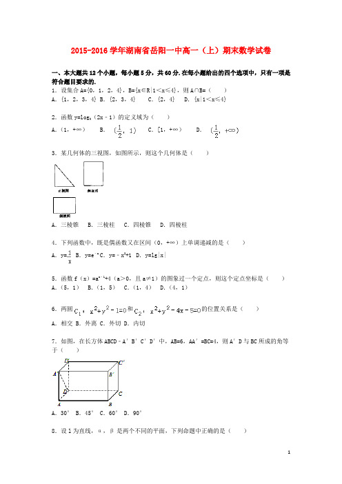 湖南省岳阳一中高一数学上学期期末试卷(含解析)