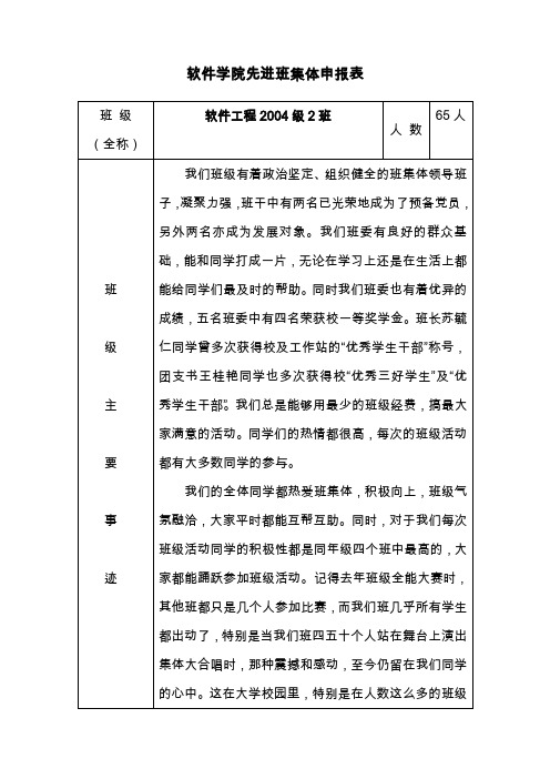 软件学院先进班集体申报表