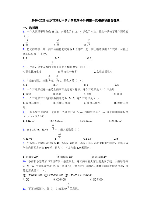 2020-2021长沙市雅礼中学小学数学小升初第一次模拟试题含答案