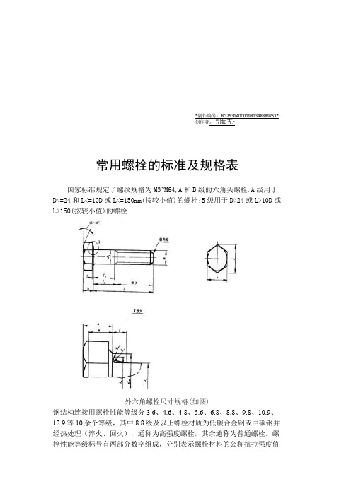 常用螺栓的标准及规格表