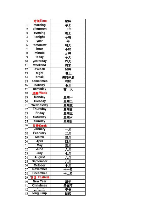 1-6年级最新人教版小学英语单词表 时间Time 星期 Week 月份Month 节日  Festival