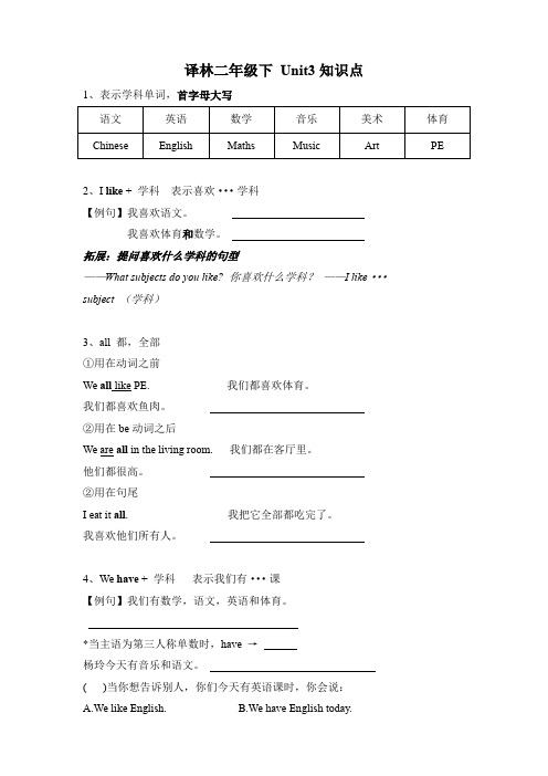 译林版二年级下册英语Unit 3  知识点讲解+练习