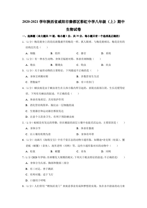 2020-2021学年陕西省咸阳市秦都区彩虹中学八年级(上)期中生物试卷(含解析)