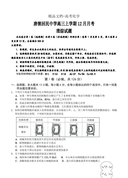 精修版宁夏高三上12月月考理综试题及答案