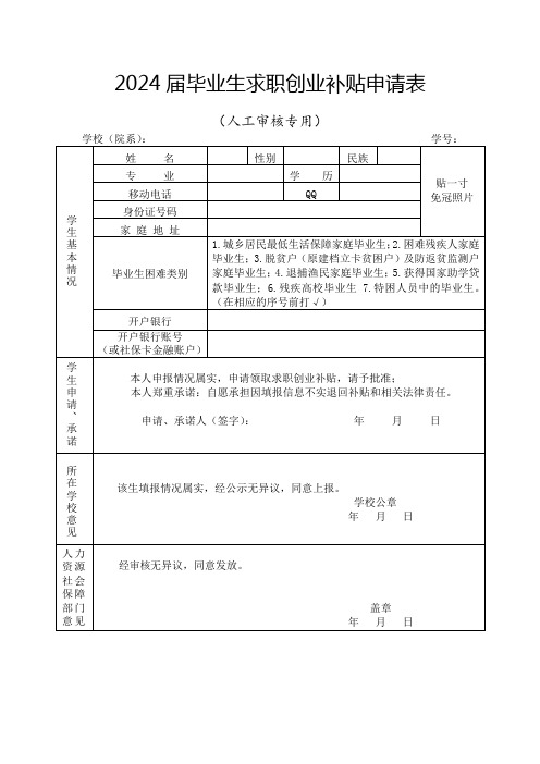 2024届毕业生求职创业补贴申请表