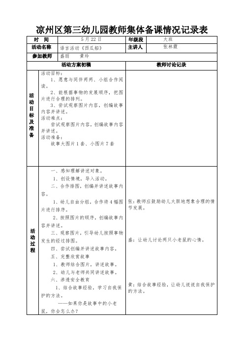 大班第13周配班教师集体备课情况记录表 -