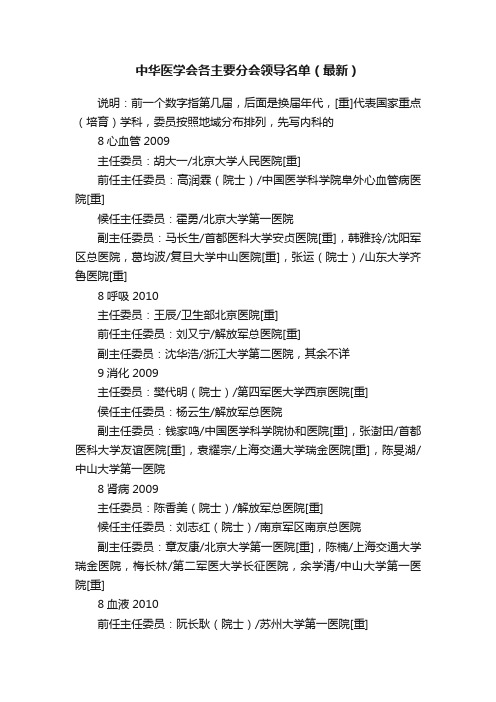 中华医学会各主要分会领导名单（最新）