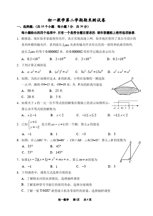 初一数学第二学期期末测试卷   