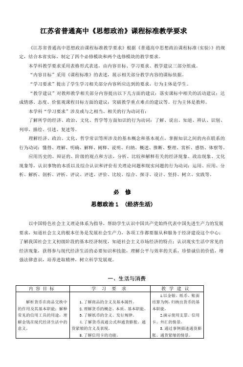 普通高中《思想政治》课程标准教学要求