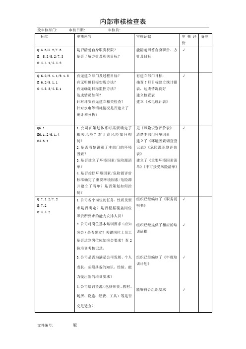 内部审核检查表