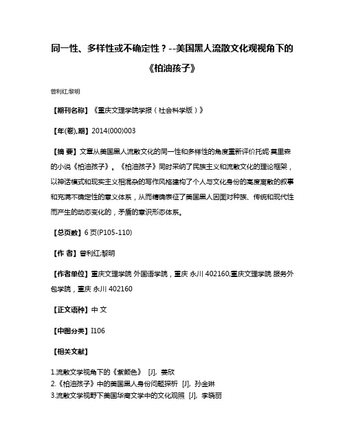 同一性、多样性或不确定性？--美国黑人流散文化观视角下的《柏油孩子》