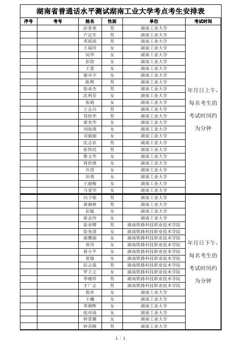 湖南省普通话水平测试湖南工业大学考点考生安排表