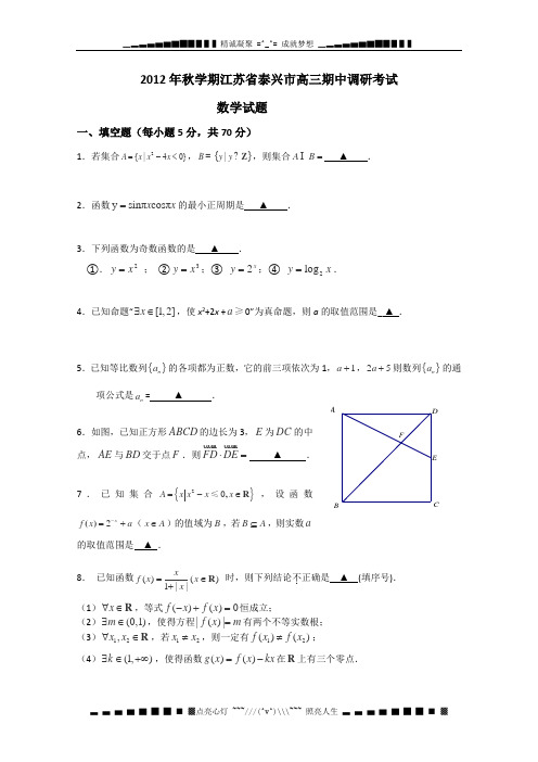 江苏省泰兴市2013届高三上学期期中调研考试数学试题