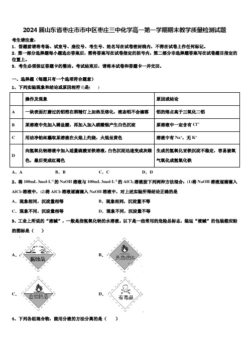 2024届山东省枣庄市市中区枣庄三中化学高一第一学期期末教学质量检测试题含解析