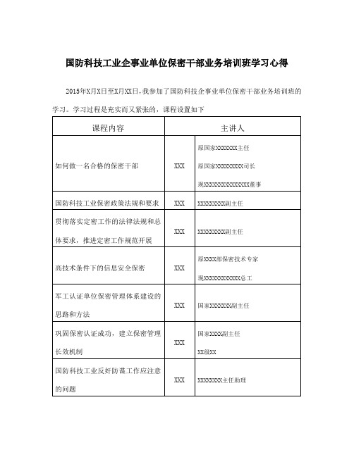 国防科技工业企事业单位保密干部业务培训班学习心得