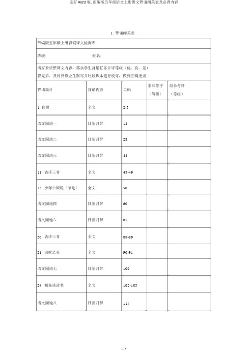 完整word版,部编版五年级语文上册课文背诵闯关表及必背内容