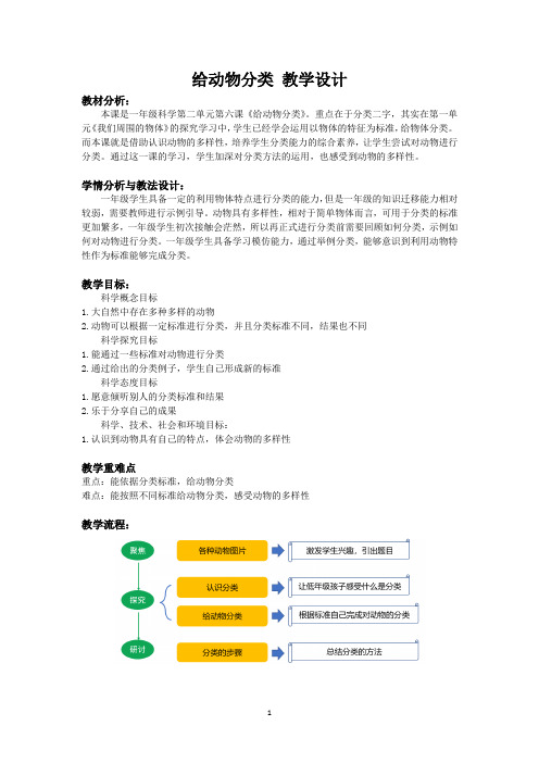 教科版一年级下册科学 给动物分类 教学设计