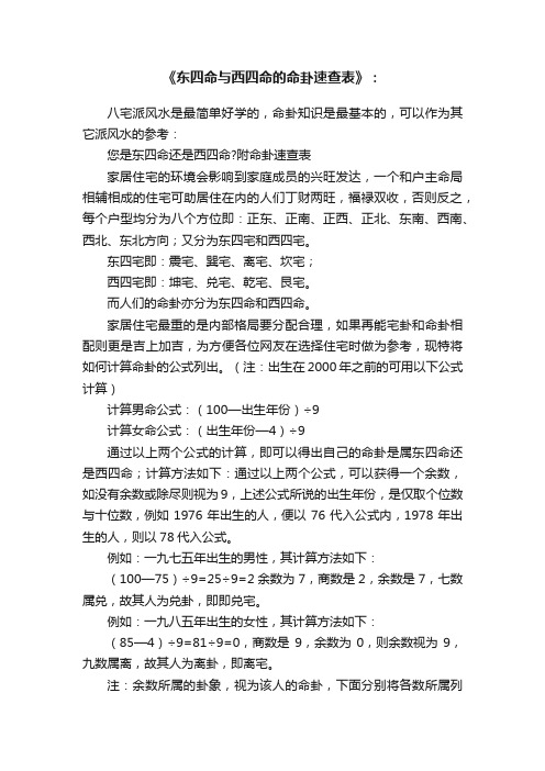 《东四命与西四命的命卦速查表》：