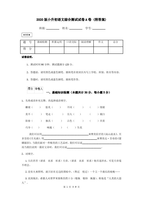 2020版小升初语文综合测试试卷A卷 (附答案)