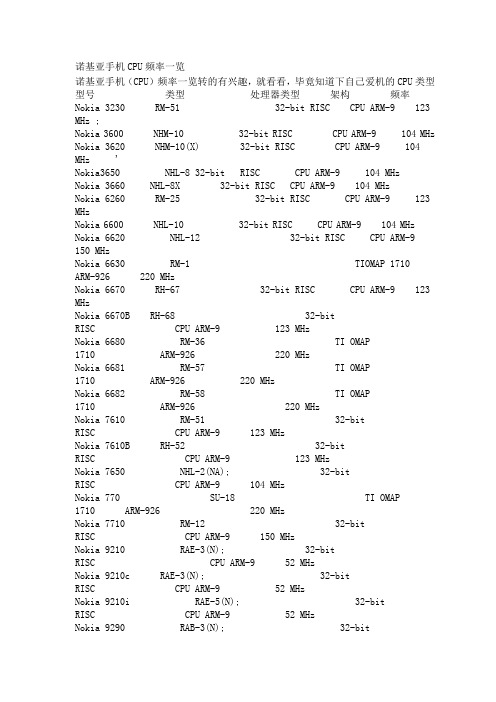 诺基亚手机CPU频率一览