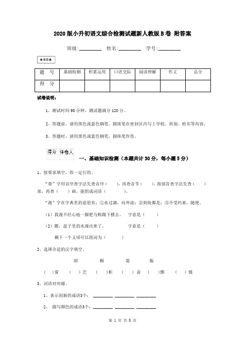 2020版小升初语文综合检测试题新人教版B卷 附答案