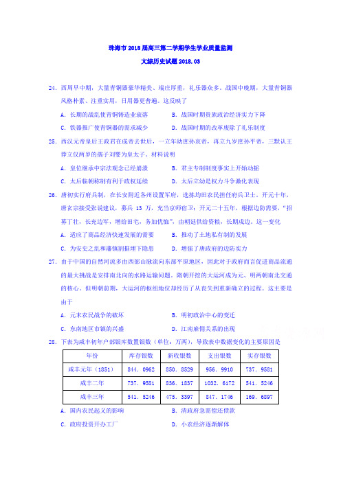 广东省珠海市2018届高三下学期3月质量检测(一模)文综历史试题 含答案