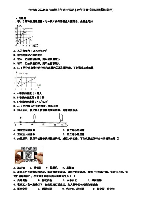 台州市2019年八年级上学期物理期末教学质量检测试题(模拟卷三)