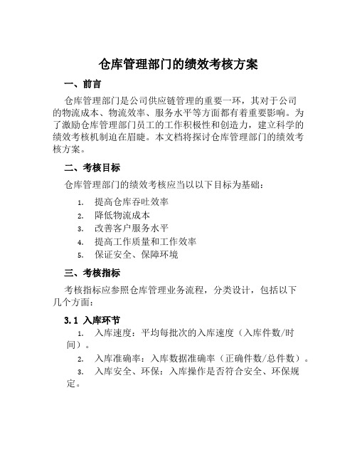 仓库管理部门的绩效考核方案范文