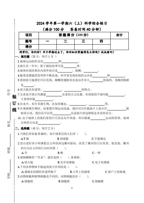 2024学年六年级上册期中测试卷