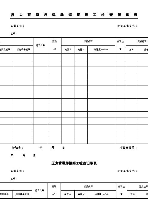 压力管道焊接现场施工检查记录表格模板