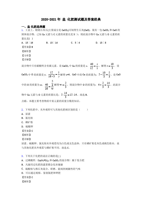 2020-2021年 盐 化肥测试题及答案经典