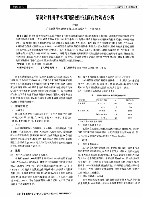 某院外科围手术期预防使用抗菌药物调查分析